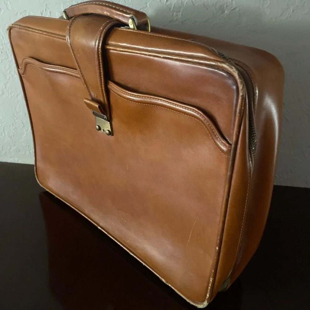Vintage Brown Leather Suitcase Madmen Briefcase Travel Luggage Retro Midcentury